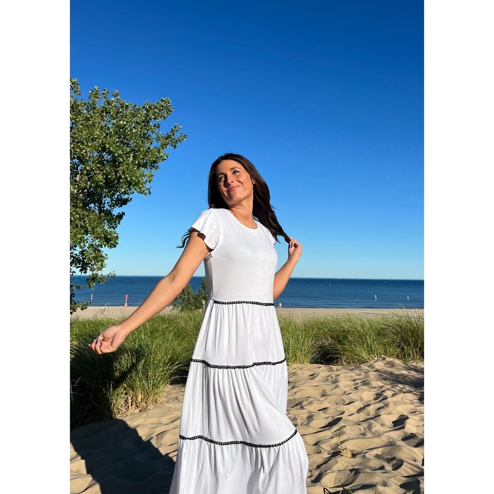 NWT Merokeety Pink Flutter Sleeve Crochet Crew Flowy Tiered Shirt Dress Maxi M - Picture 7 of 11